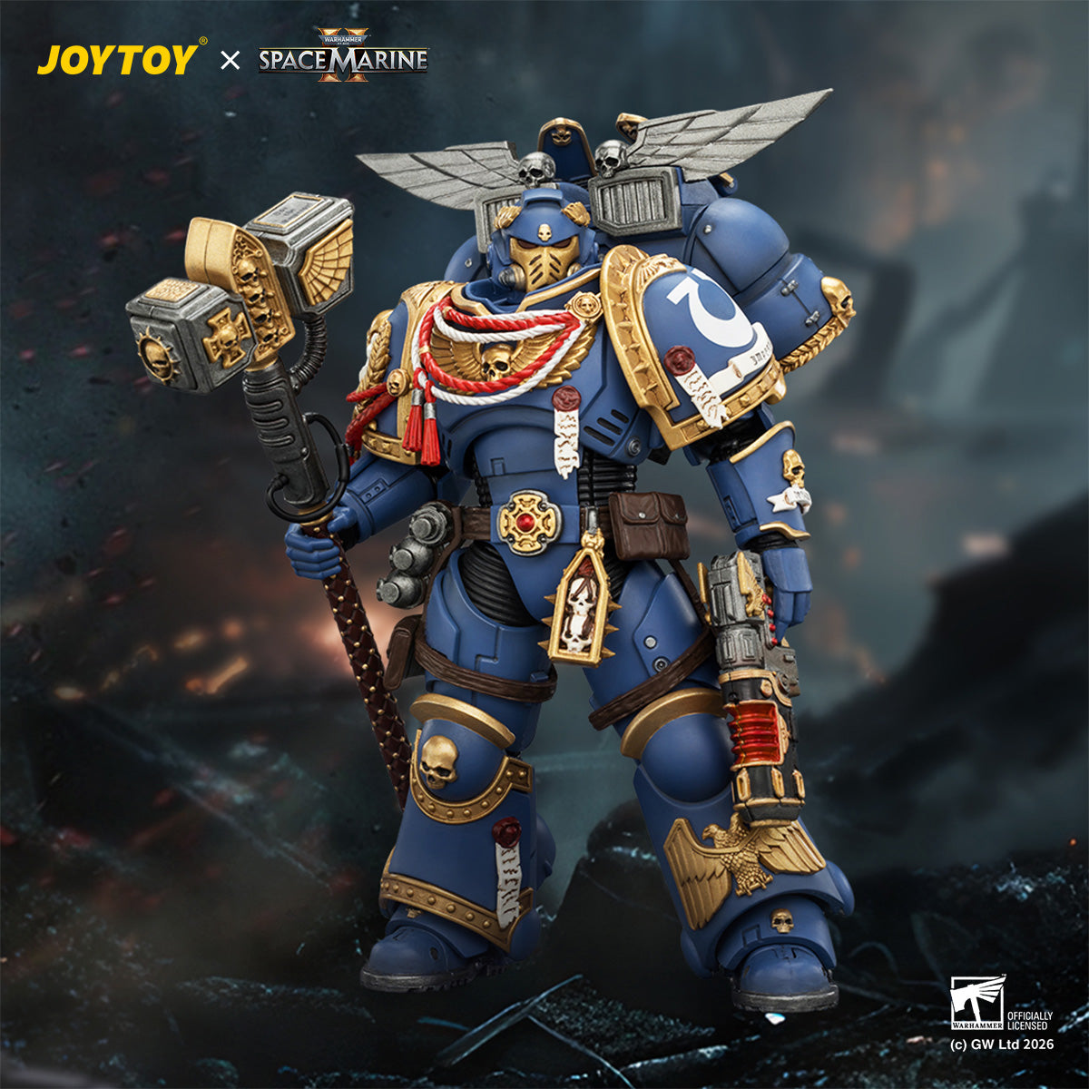 JOYTOY 1/18 ゲーム版 ウルトラマリーン アサルト・インターセッサー ジャンプパック、サンダーハンマー、ネオ・ヴォルカイト・ピストル装備 JT04421 可動フィギュア 塗装済み 完成品