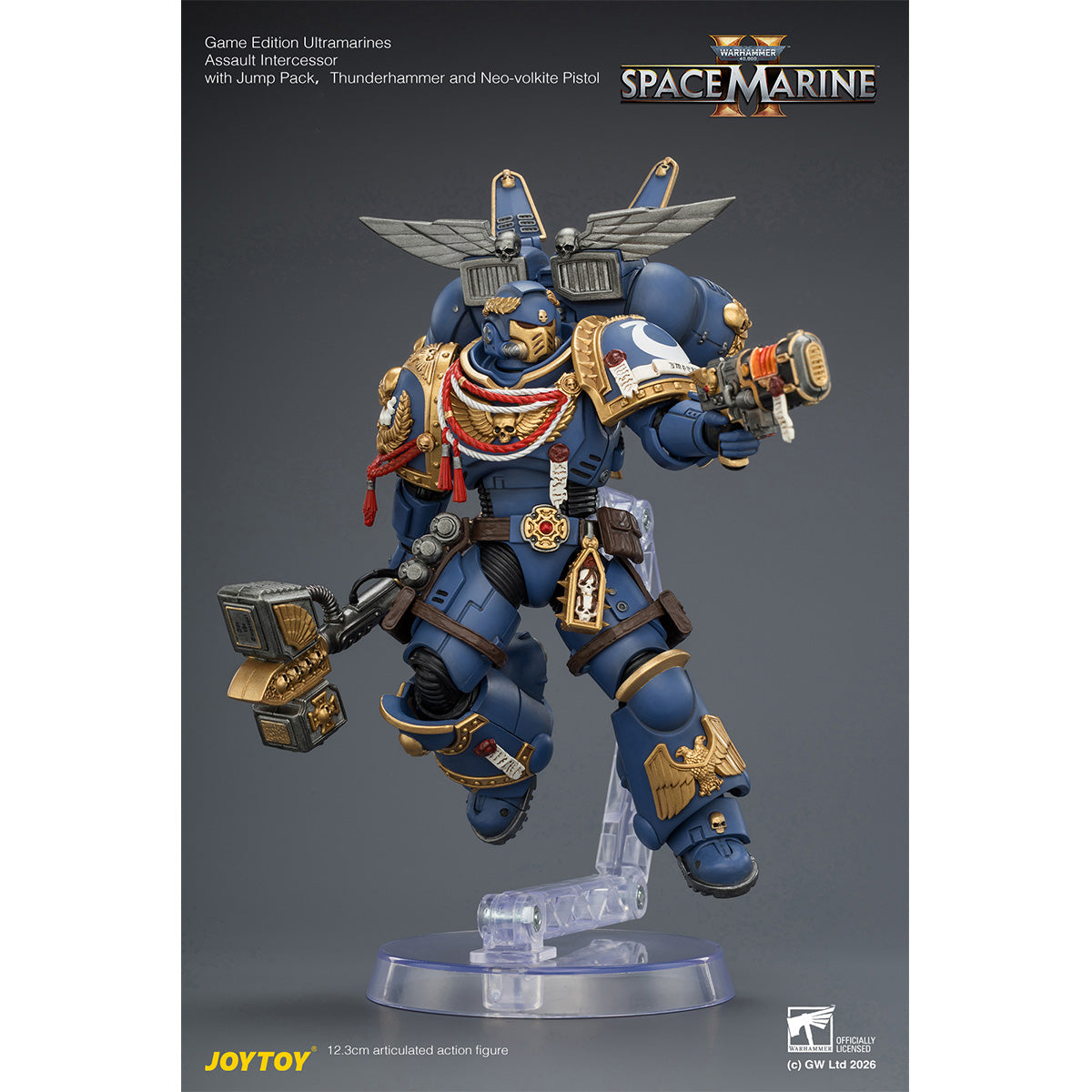 JOYTOY 1/18 ゲーム版 ウルトラマリーン アサルト・インターセッサー ジャンプパック、サンダーハンマー、ネオ・ヴォルカイト・ピストル装備 JT04421 可動フィギュア 塗装済み 完成品